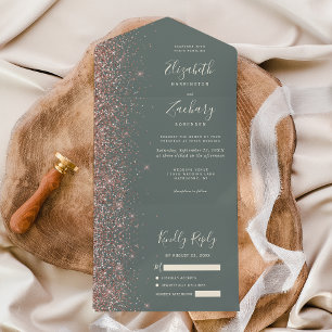 Invitation Tout En Un Mariage Paillettes Vert Sauge Profond et Or Rose
