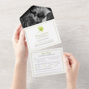 Invitation Tout En Un Mariage palme tropicale aquarelle vert blanc