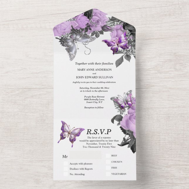 Invitation Tout En Un Mariage papillon blanc violet élégant été (À l'intérieur)