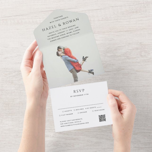 Invitation Tout En Un Mariage photo avec QR code simple moderne (Déchirure)