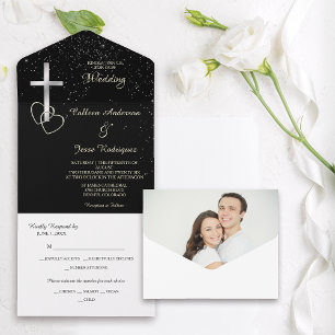 Invitation Tout En Un Mariage photo Black Silver Christian Cross