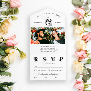 Invitation Tout En Un Mariage photo Black White Floral Ampersand