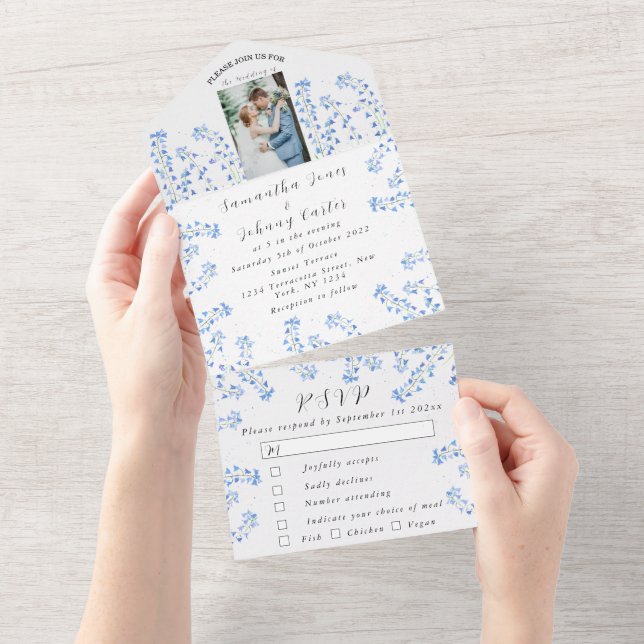 Invitation Tout En Un Mariage photo Bluebells Blue Floral (Déchirure)