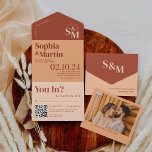 Invitation Tout En Un Mariage photo Boho Retro Terracotta<br><div class="desc">Le choix idéal pour les couples qui adoptent un thème mariage en terre cuite bohème. Ce modèle d'invitation polyvalent et personnalisé vous permet d'ajouter votre propre photo, la rendant unique à vous. Parfaitement adaptée à divers thèmes comme le boho de l'ouest, le désert du boho ou un petit mariage campagnard,...</div>