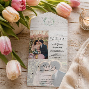 Invitation Tout En Un Mariage photo bois rustique aquarelle feuilles