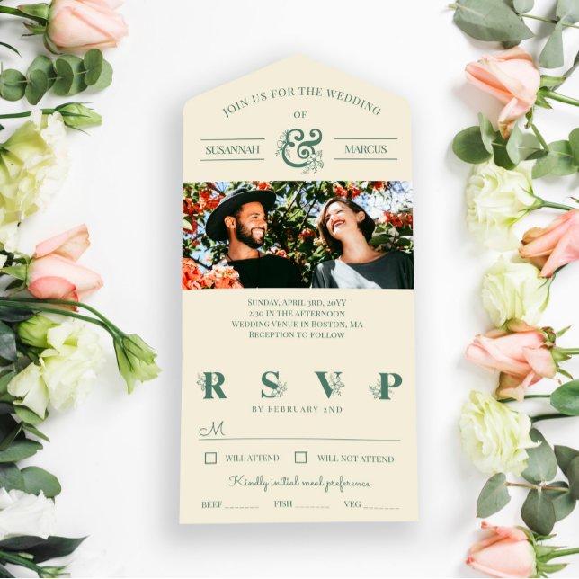 Invitation Tout En Un Mariage photo Cram Slate Green Floral Ampersand (Créateur téléchargé)