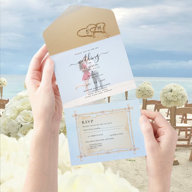 Invitation Tout En Un Mariage photo de plage Inviter RSVP Menu Coeurs Sa (Créateur téléchargé)