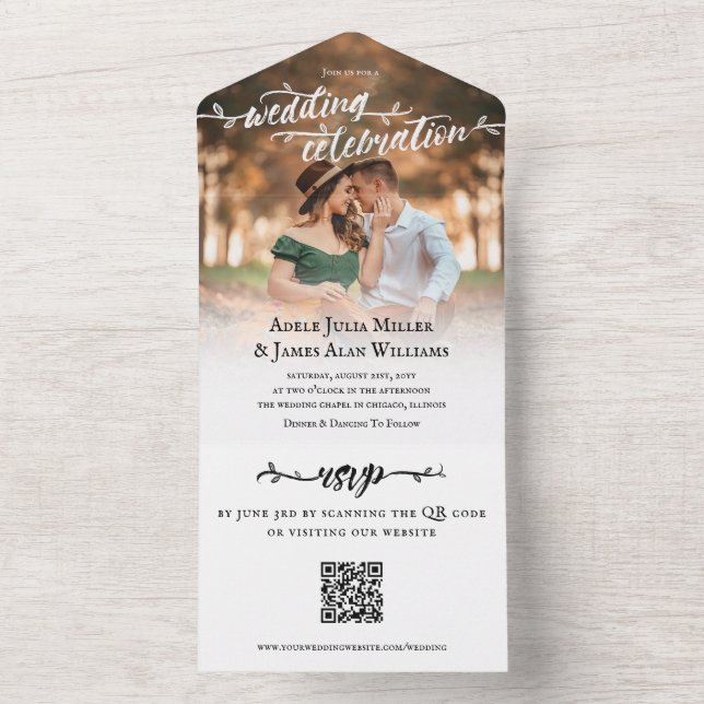 Invitation Tout En Un Mariage photo de script de pinceau rustique QR RSV (À l'intérieur)