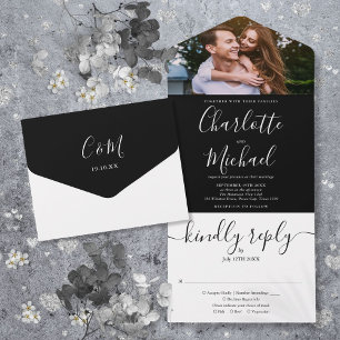 Invitation Tout En Un Mariage photo de script noir et blanc moderne