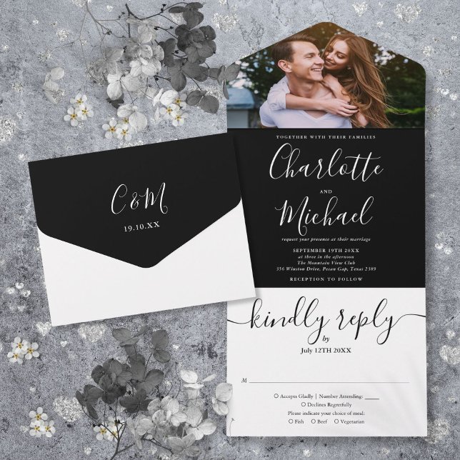 Invitation Tout En Un Mariage photo de script noir et blanc moderne (Modern Black And White Script Photo Wedding All In One Invitation)