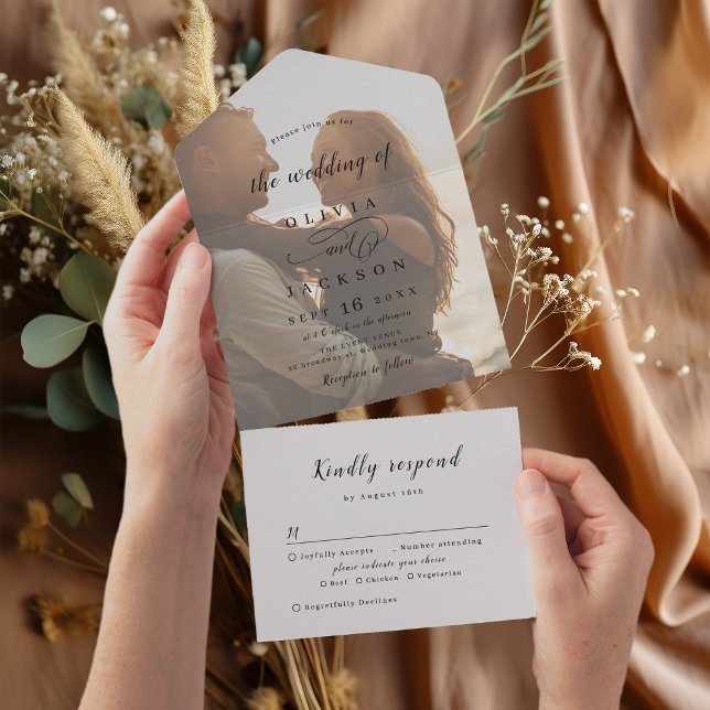 Invitation Tout En Un Mariage photo de script romantique simple (Simple elegant romantic script photo wedding all in one invitation)