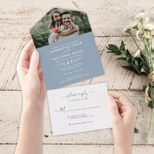 Invitation Tout En Un Mariage photo Dusty Blue Calligraphy