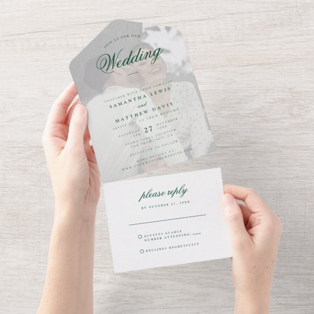 Invitation Tout En Un Mariage Photo Élégant Classique Émeraude Vert (Déchirure)