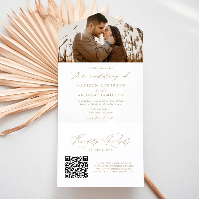 Invitation Tout En Un Mariage photo élégant moderne or script (Créateur téléchargé)