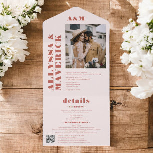 Invitation Tout En Un Mariage photo en monogramme simple en terre cuite