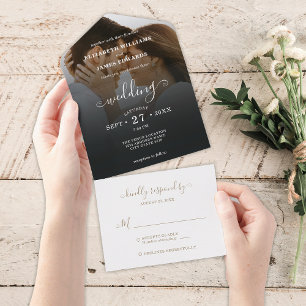 Invitation Tout En Un Mariage photo en or noir romantique