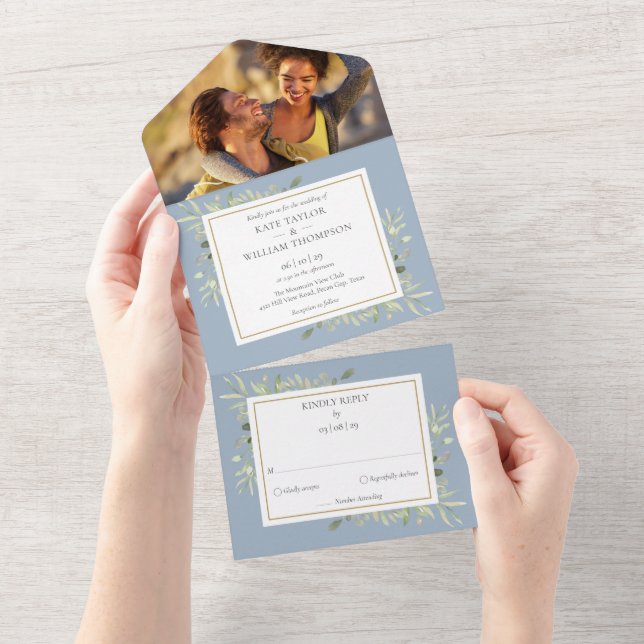 Invitation Tout En Un Mariage photo Feuille Dusty Blue Botanical Greener (Déchirure)