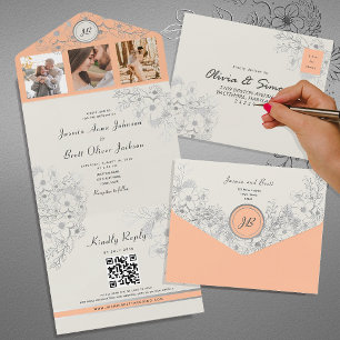 Invitation Tout En Un Mariage Photo Floral Abricot Vintage