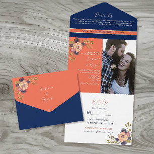 Invitation Tout En Un Mariage Photo Floral Corail Bleu Marine