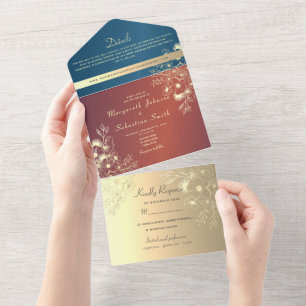 Invitation Tout En Un Mariage Photo Floral Or Sarcelle