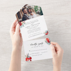 Invitation Tout En Un Mariage photo Floral Rouge Bourgogne Holly