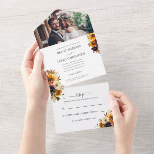 Invitation Tout En Un Mariage photo floral rustique Tournesol Bourgogne