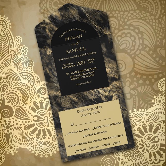 Invitation Tout En Un Mariage photo Gold Laced Smoky Black Marble (Créateur téléchargé)