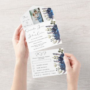 Invitation Tout En Un Mariage photo Marine Blue Floral Greenery