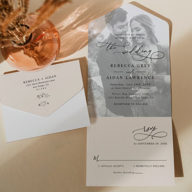 Invitation Tout En Un Mariage photo minimal Neutre Boho Blush (Créateur téléchargé)