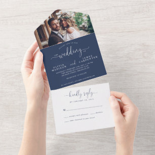 Invitation Tout En Un Mariage photo moderne Blue Elegant Chic Script