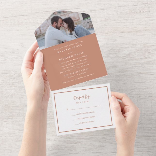 Invitation Tout En Un Mariage photo moderne Boho Rust (Déchirure)