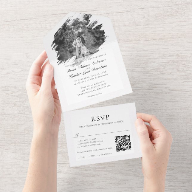 Invitation Tout En Un Mariage photo moderne Brushstroke | BLANCHE (Déchirure)