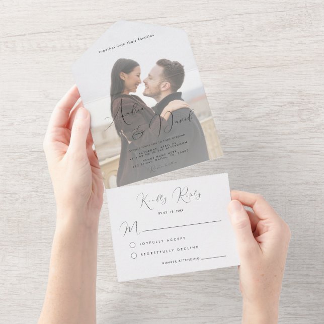 Invitation Tout En Un Mariage photo moderne Dramatique Script & Fond (Déchirure)
