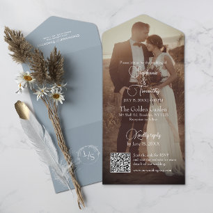 Invitation Tout En Un Mariage photo moderne Dusty Blue QR Code