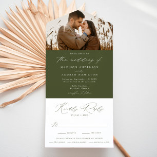 Invitation Tout En Un Mariage photo moderne Elegant Olive Green