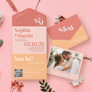 Invitation Tout En Un Mariage photo moderne Pastel Bright Peach et Coral