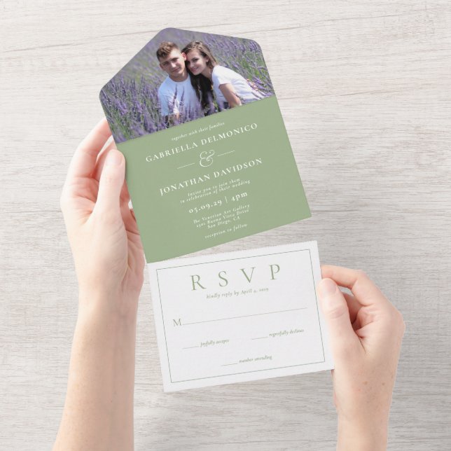 Invitation Tout En Un Mariage photo moderne Sage vert RSVP (Déchirure)