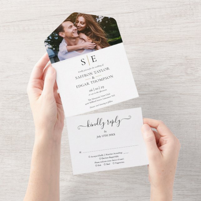 Invitation Tout En Un Mariage photo Monogram Gold Et Black (Déchirure)