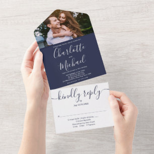 Invitation Tout En Un Mariage Photo Monogramme Ancre Marine Bleu Marine