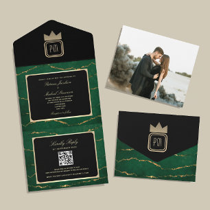 Invitation Tout En Un Mariage Photo Monogramme Or Noir Émeraude Luxe