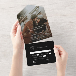 Invitation Tout En Un Mariage photo noir minimaliste sceller et envoyer