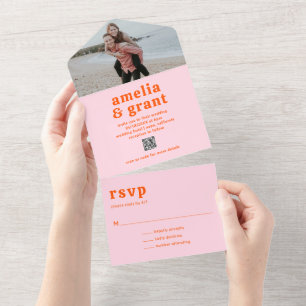 Invitation Tout En Un Mariage photo QR Code police rétro orange et rose