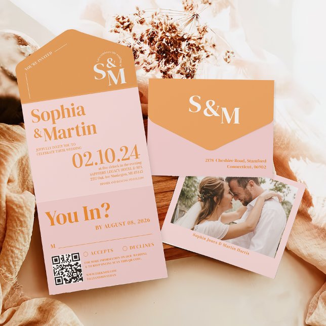 Invitation Tout En Un Mariage photo Retro Summer Pink et Orange (Créateur téléchargé)