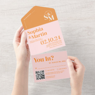 Invitation Tout En Un Mariage photo Retro Summer Pink et Orange