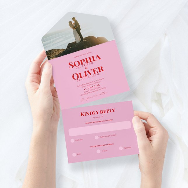 Invitation Tout En Un Mariage photo rose et rouge vif (Créateur téléchargé)