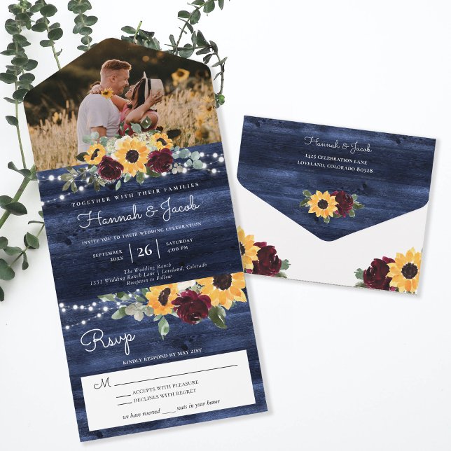 Invitation Tout En Un Mariage photo Rose Navy Blue Sunflower Bourgogne (Créateur téléchargé)