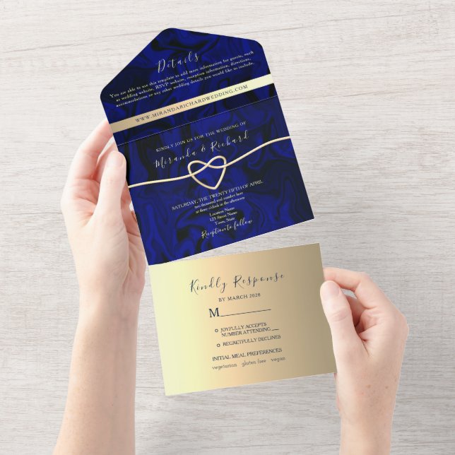 Invitation Tout En Un Mariage photo Royal Blue Gold (Déchirure)