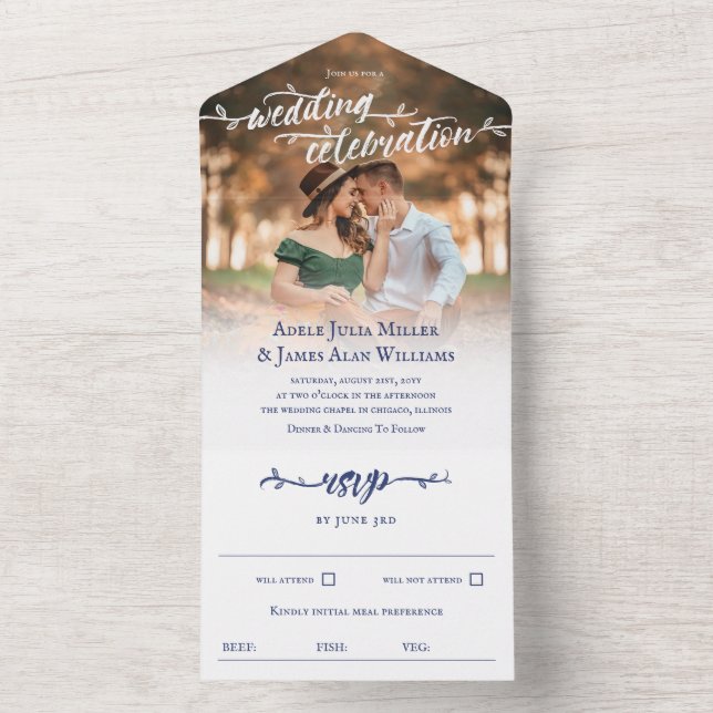 Invitation Tout En Un Mariage photo Rustique Bleu Brush (À l'intérieur)