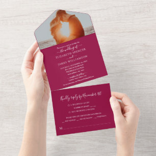 Invitation Tout En Un Mariage photo simple et élégant RSVP Cranberry