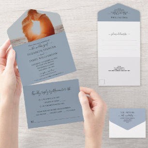Invitation Tout En Un Mariage photo simple et élégant RSVP Dusty Blue